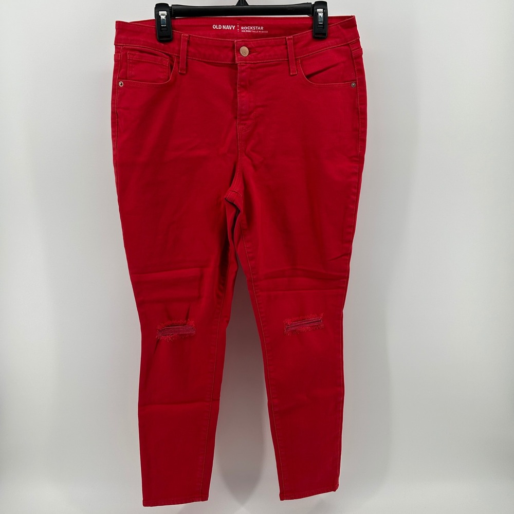 Old Navy Rockstar Mid Rise Skinny Jeans 14 Regular Red Distressed Knee Bold Edgy